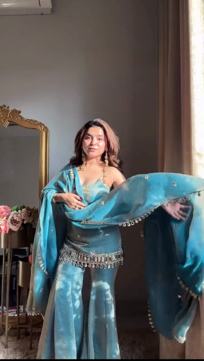 Teal Fendy Silk Palazzo Suit with Real Mirror & Sequence Work