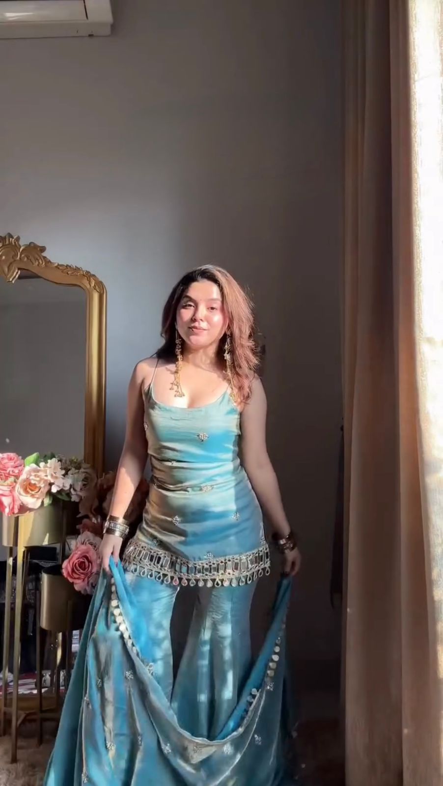 Teal Fendy Silk Palazzo Suit with Real Mirror & Sequence Work