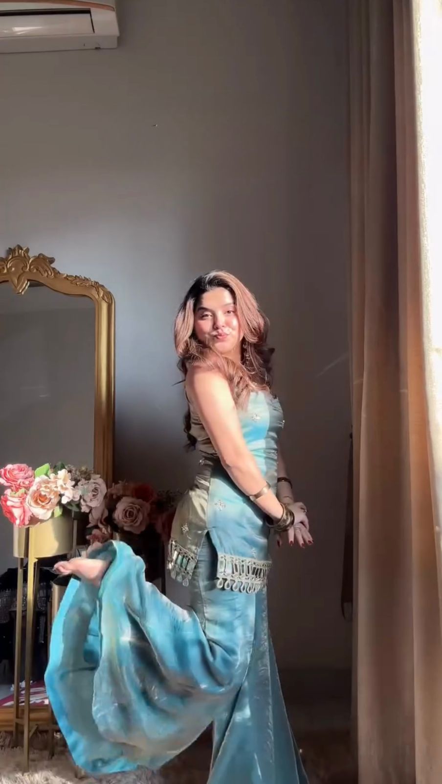 Teal Fendy Silk Palazzo Suit with Real Mirror & Sequence Work