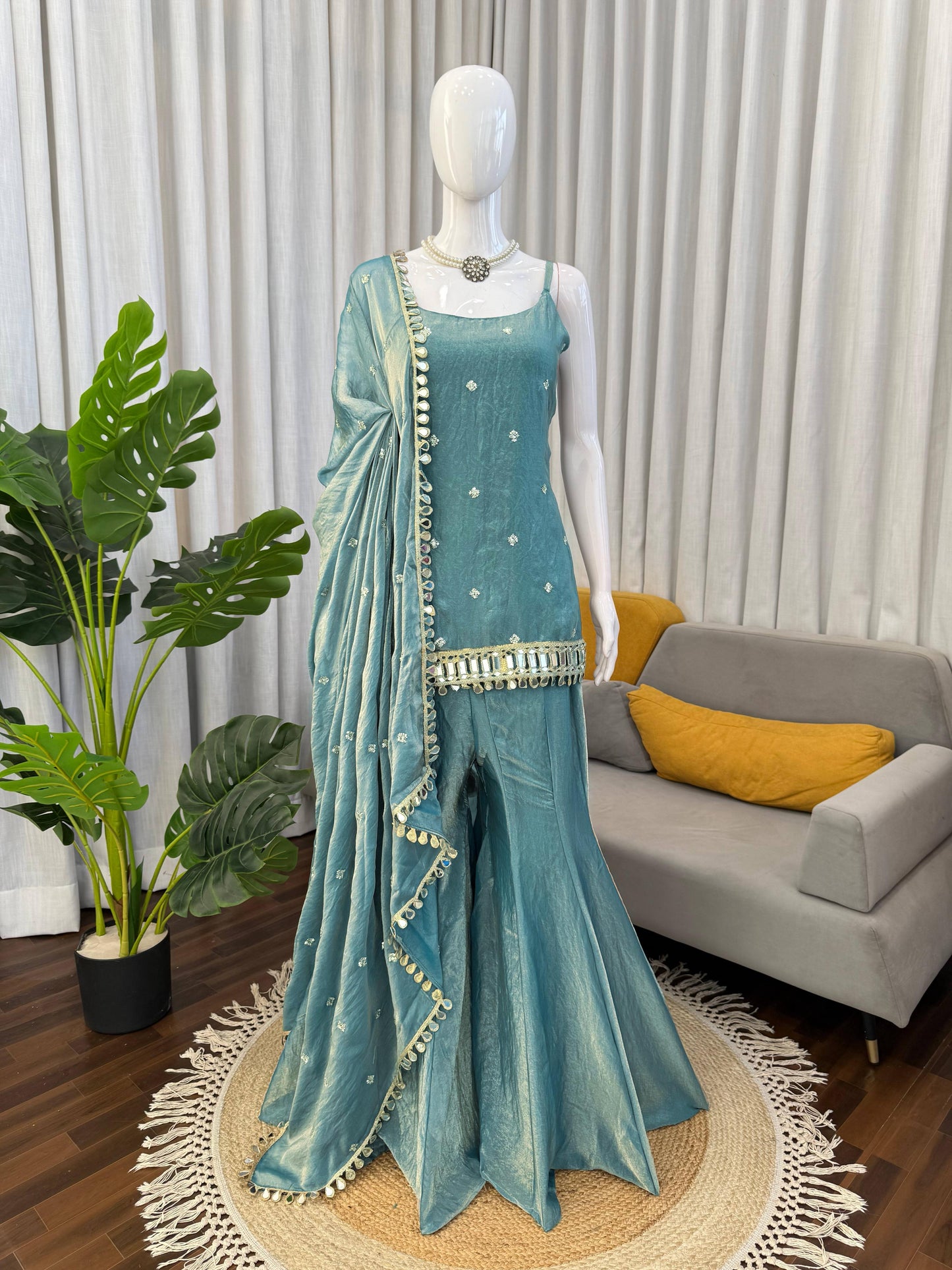 Teal Fendy Silk Palazzo Suit with Real Mirror & Sequence Work