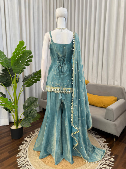 Teal Fendy Silk Palazzo Suit with Real Mirror & Sequence Work