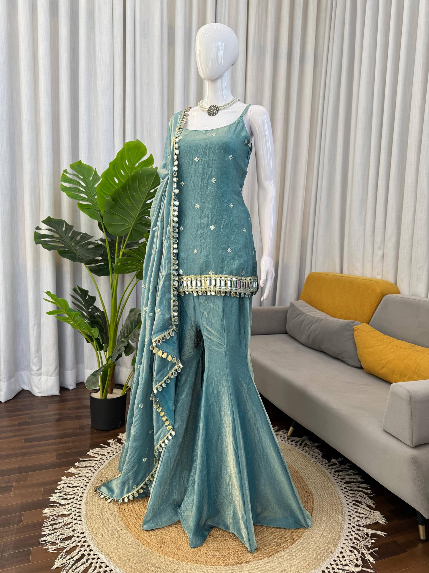Teal Fendy Silk Palazzo Suit with Real Mirror & Sequence Work