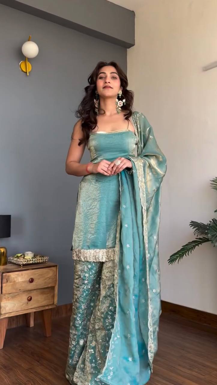 Sea Green Fendy Silk Pakistani Suit with Sequined Palazzo