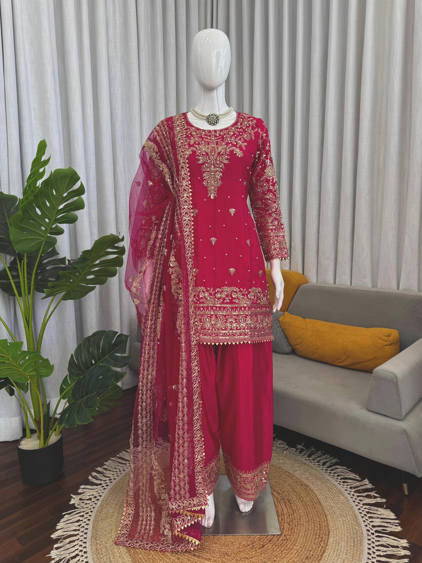Magenta Crepe Farshi Salwar Suit with Heavy Gold Embroidery