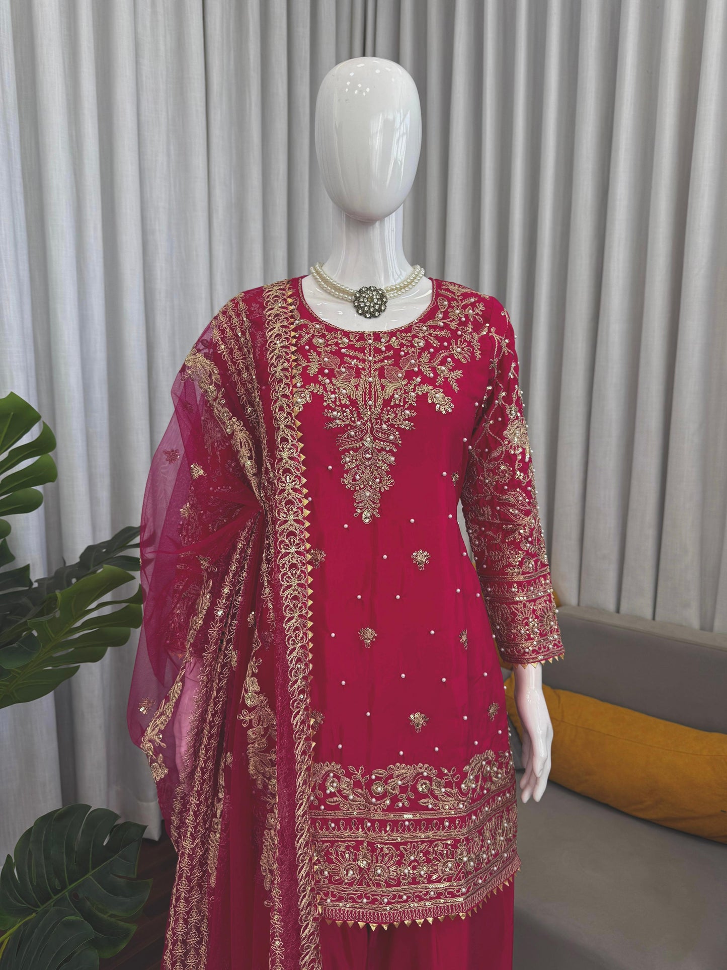 Magenta Crepe Farshi Salwar Suit with Heavy Gold Embroidery