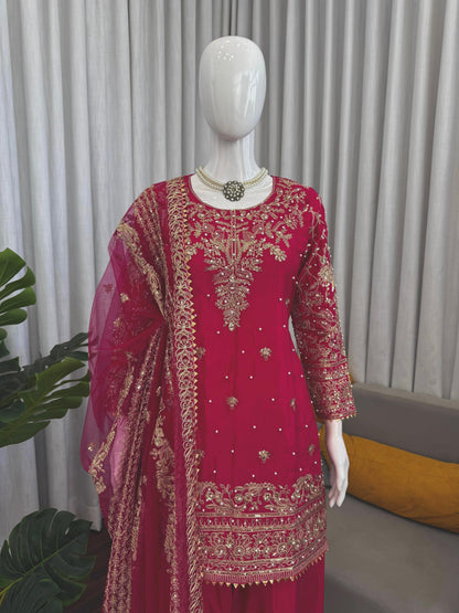 Magenta Crepe Farshi Salwar Suit with Heavy Gold Embroidery