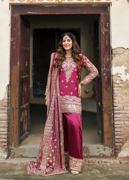 Magenta Crepe Farshi Salwar Suit with Heavy Gold Embroidery