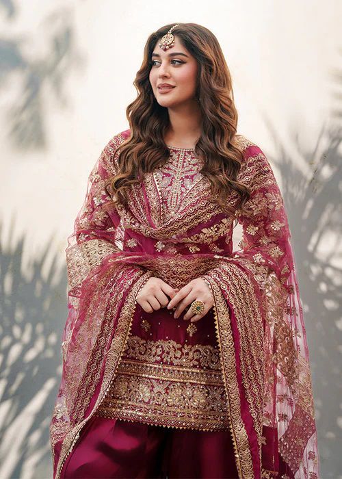 Magenta Crepe Farshi Salwar Suit with Heavy Gold Embroidery
