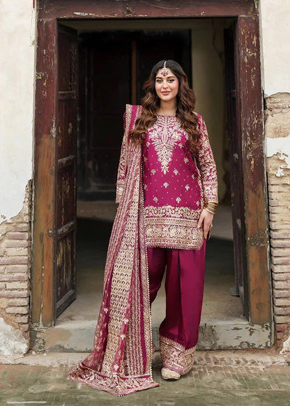 Magenta Crepe Farshi Salwar Suit with Heavy Gold Embroidery
