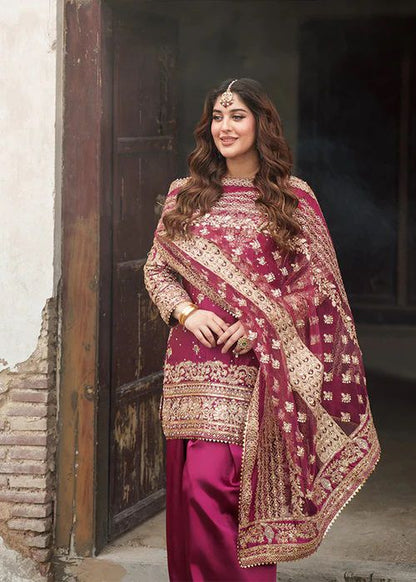 Magenta Crepe Farshi Salwar Suit with Heavy Gold Embroidery