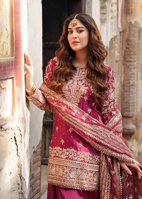 Magenta Crepe Farshi Salwar Suit with Heavy Gold Embroidery