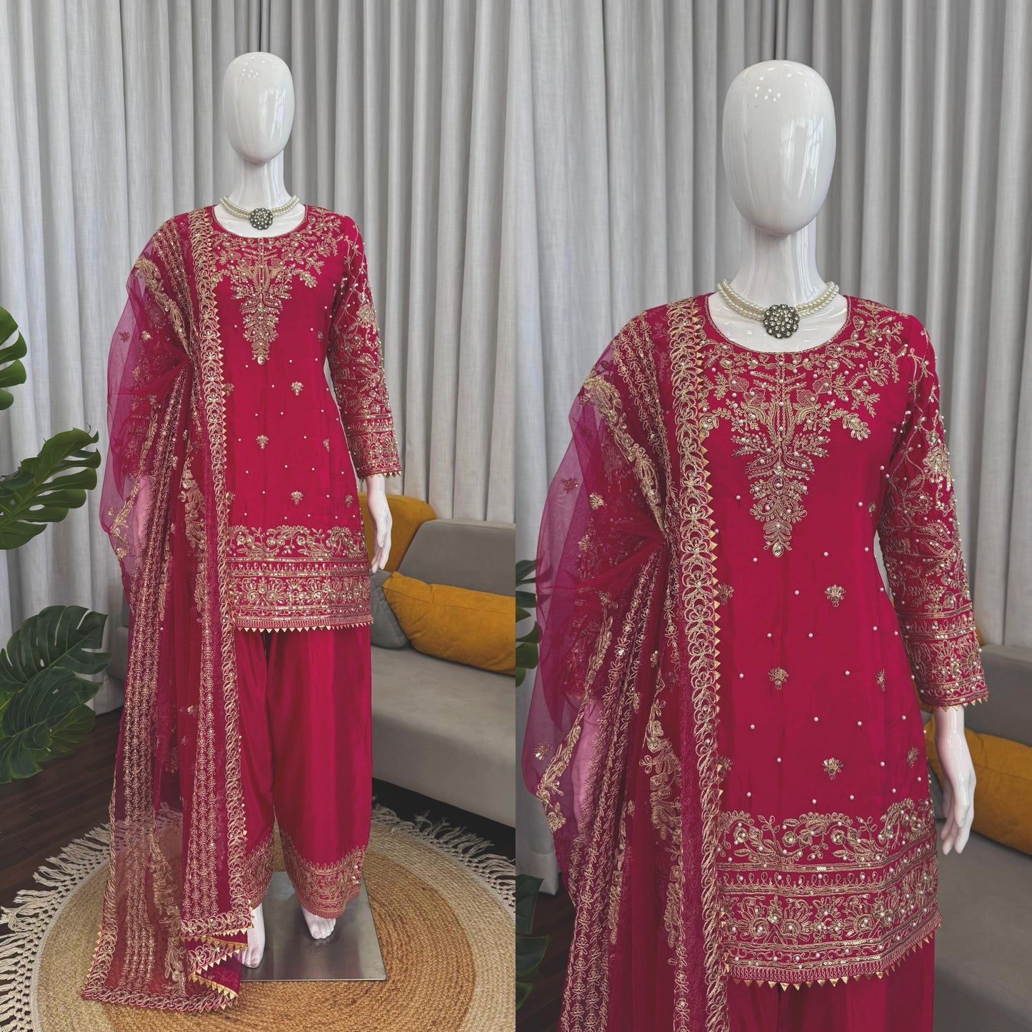 Magenta Crepe Farshi Salwar Suit with Heavy Gold Embroidery
