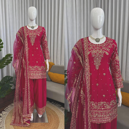 Magenta Crepe Farshi Salwar Suit with Heavy Gold Embroidery