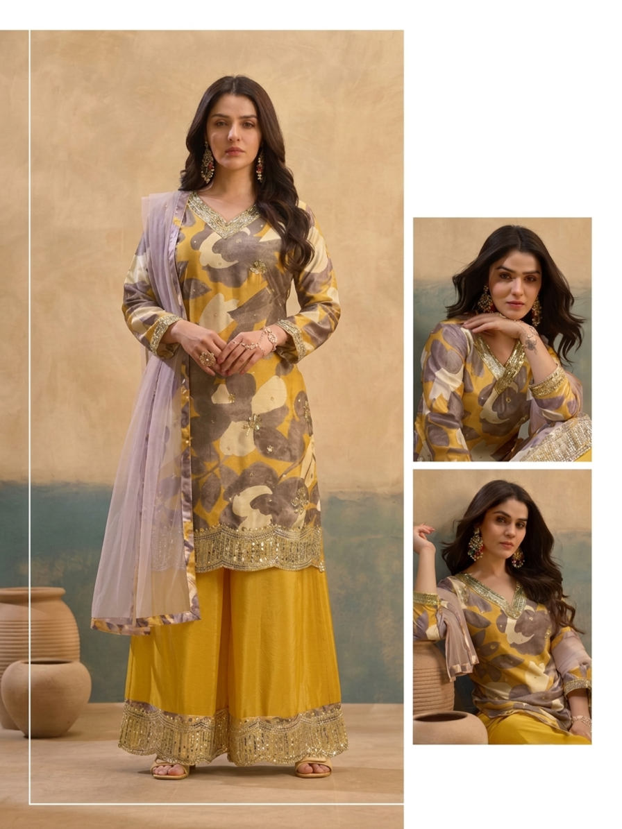Floral Print Kurta Palazzo Set with Thread Embroidery