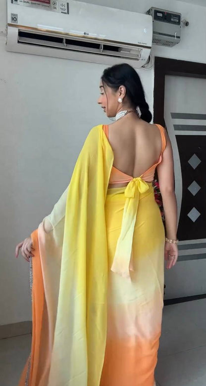 Yellow Ombre Georgette Ready to Wear Saree - Festive Ethnic Wear