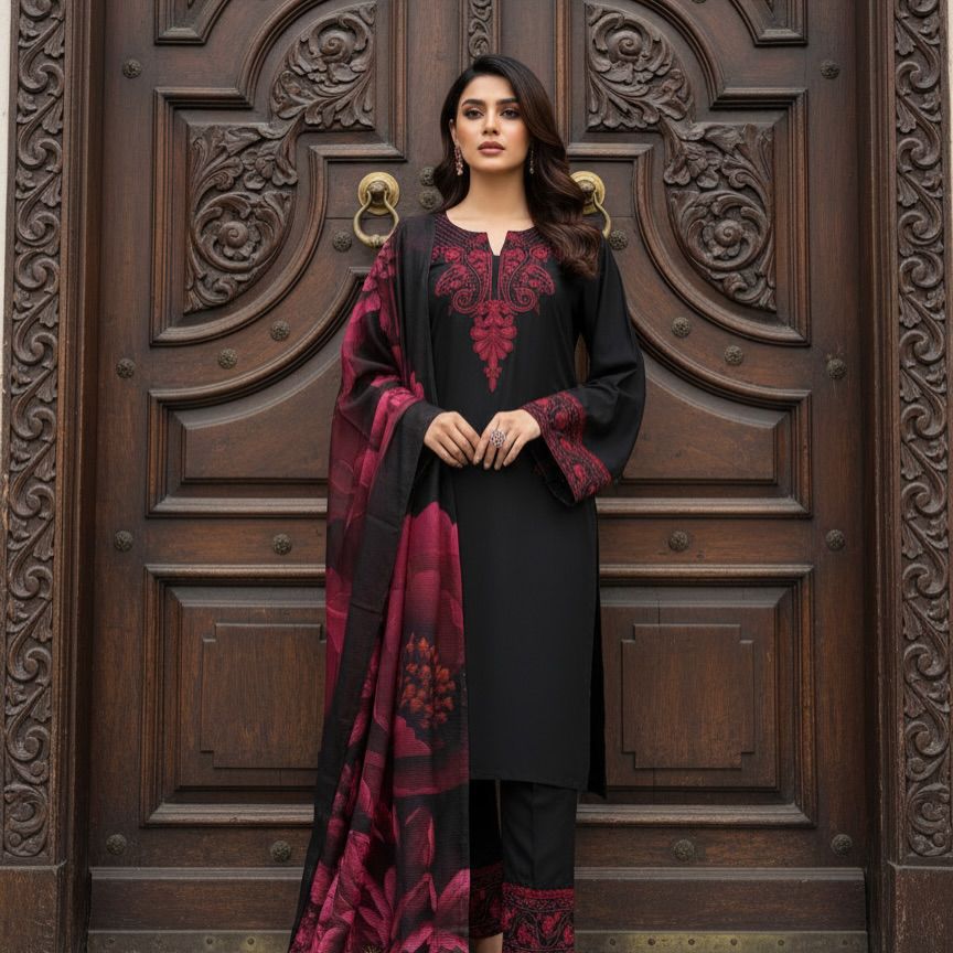 Black Embroidered Rayon Cotton Palazzo Suit with Organza Dupatta