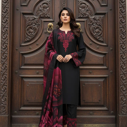 Black Embroidered Rayon Cotton Palazzo Suit with Organza Dupatta