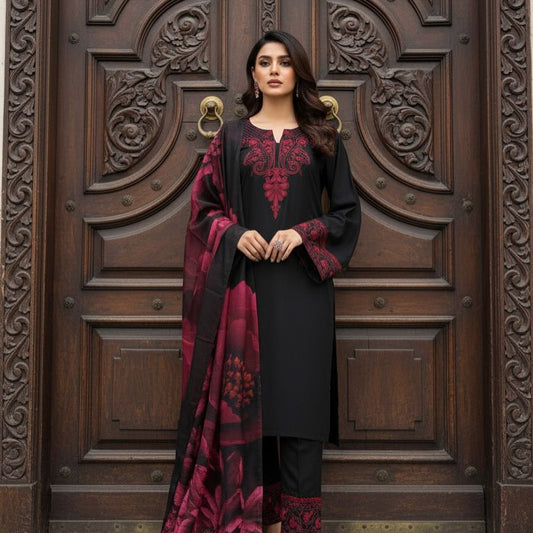 Black Embroidered Rayon Cotton Palazzo Suit with Organza Dupatta