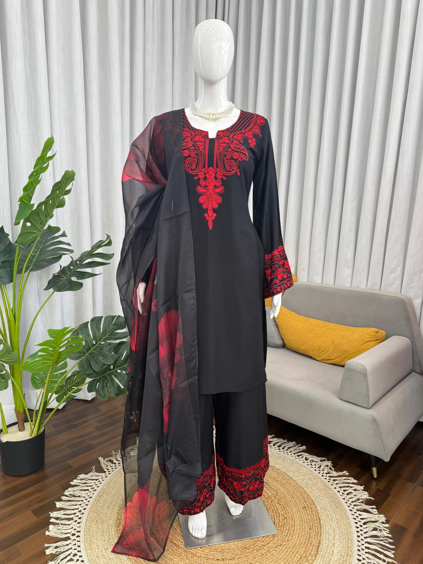 Black Embroidered Rayon Cotton Palazzo Suit with Organza Dupatta