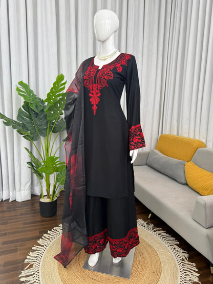 Black Embroidered Rayon Cotton Palazzo Suit with Organza Dupatta
