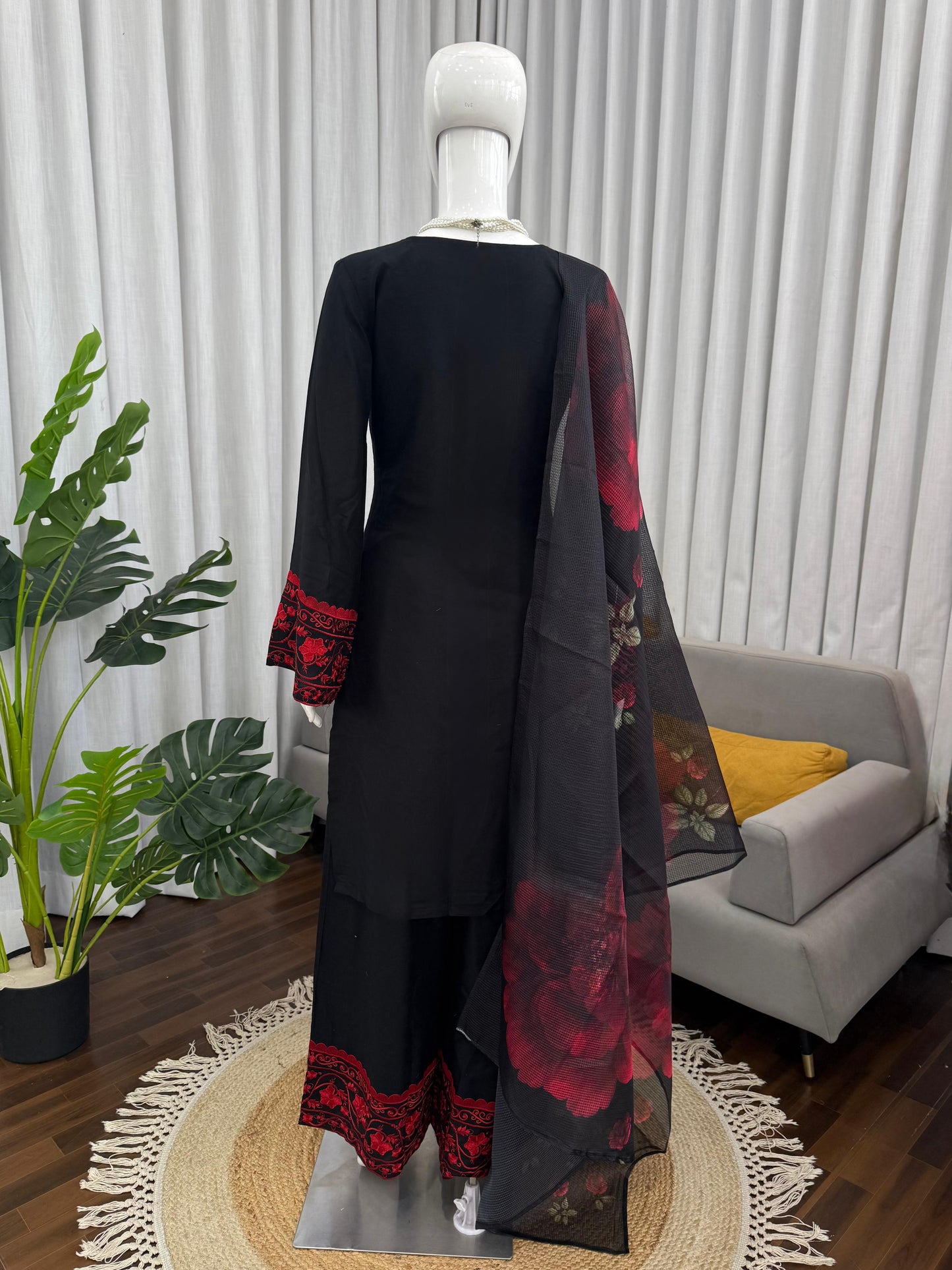 Black Embroidered Rayon Cotton Palazzo Suit with Organza Dupatta