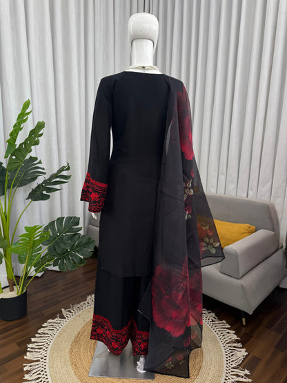Black Embroidered Rayon Cotton Palazzo Suit with Organza Dupatta