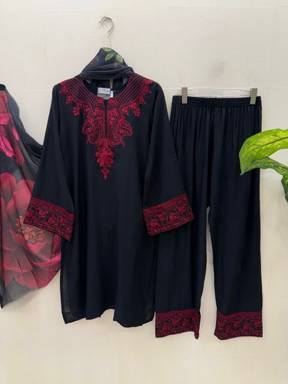 Black Embroidered Rayon Cotton Palazzo Suit with Organza Dupatta