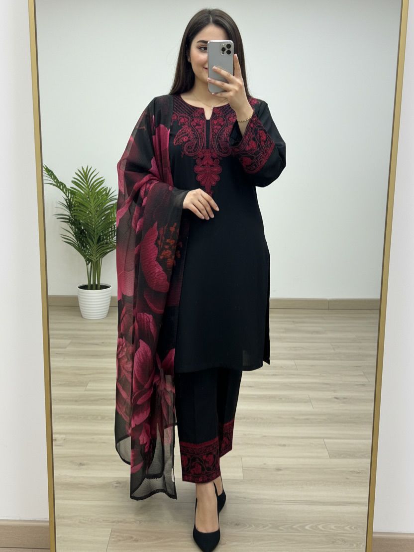 Black Embroidered Rayon Cotton Palazzo Suit with Organza Dupatta