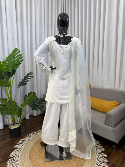 Elegant White Chinon Silk Salwar Kameez with Cutwork Embroidery