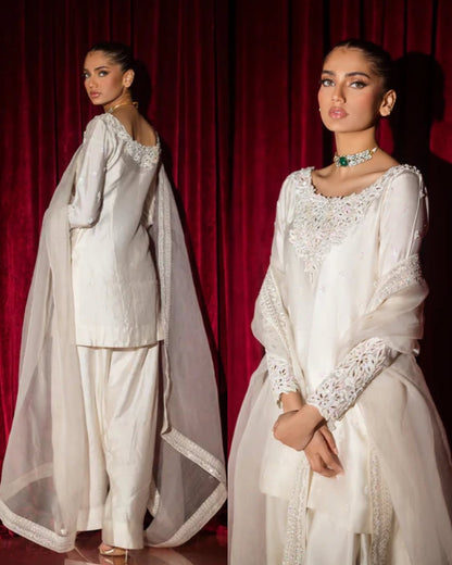 Elegant White Chinon Silk Salwar Kameez with Cutwork Embroidery