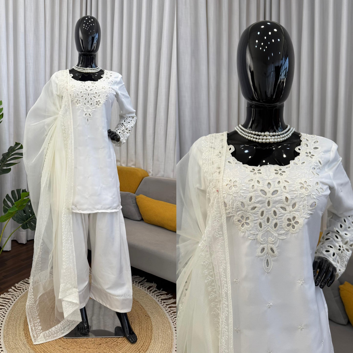 Elegant White Chinon Silk Salwar Kameez with Cutwork Embroidery