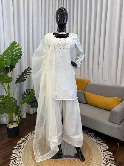 Elegant White Chinon Silk Salwar Kameez with Cutwork Embroidery