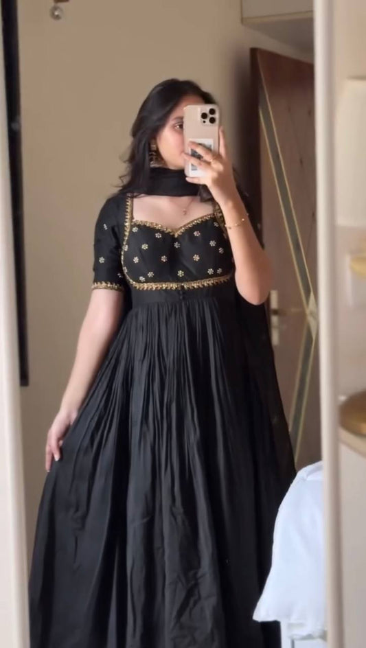 Black Vichitra Silk Anarkali Salwar Suit for Party Wear