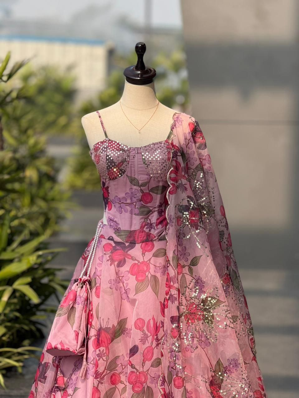 Pink Floral Pure Organza Corset Lehenga Choli for Women