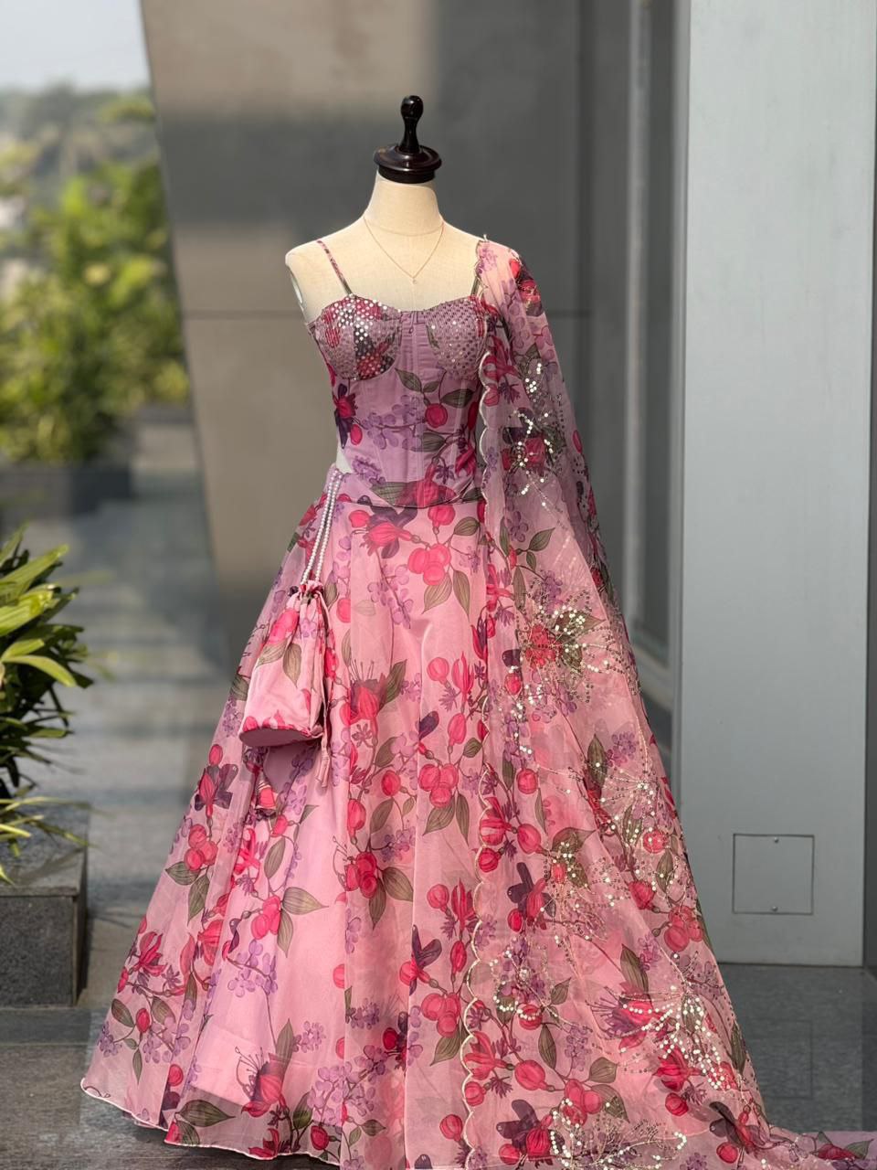 Pink Floral Pure Organza Corset Lehenga Choli for Women