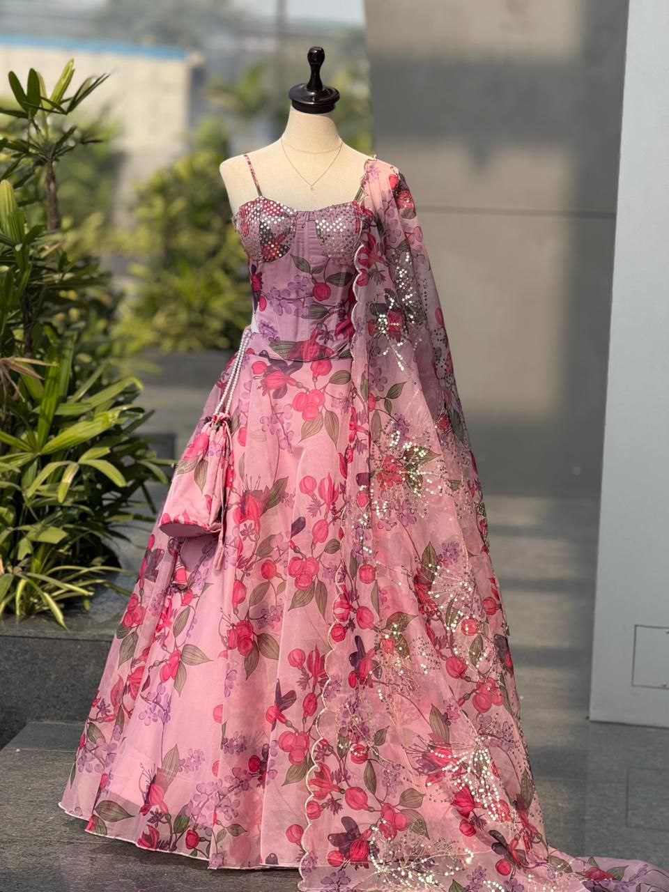 Pink Floral Pure Organza Corset Lehenga Choli for Women