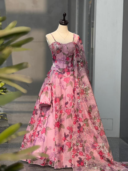 Pink Floral Pure Organza Corset Lehenga Choli for Women