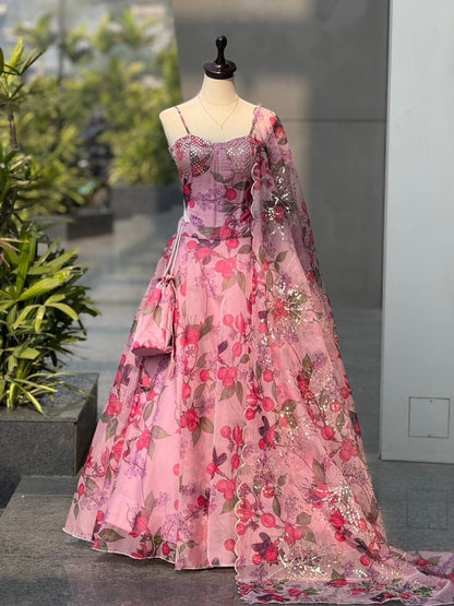 Pink Floral Pure Organza Corset Lehenga Choli for Women