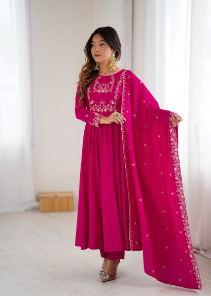 Dark Pink Roman Chanderi Silk Salwar Suit Party Wear for Women