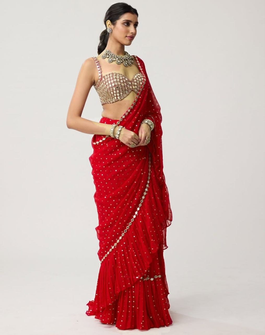 Red Georgette Party Wear Saree with Sequins and Mirror Work