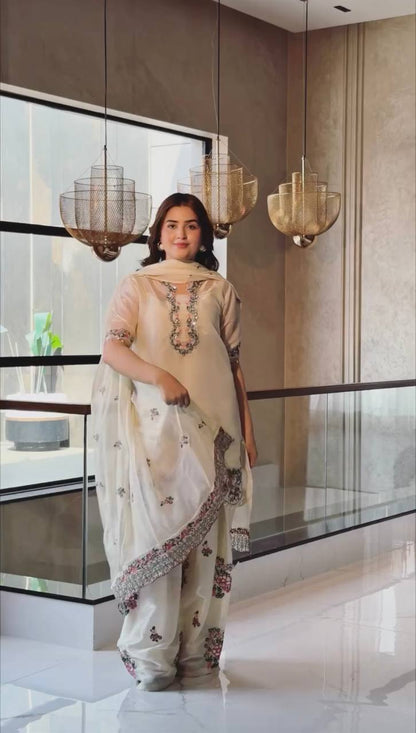 White Embroidered Short Kurti with Palazzo Set & Dupatta