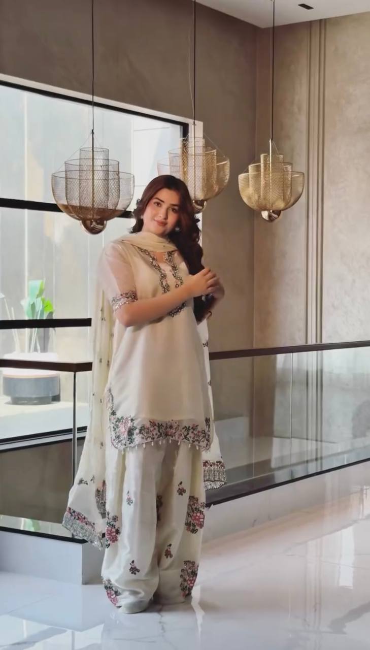 White Embroidered Short Kurti with Palazzo Set & Dupatta
