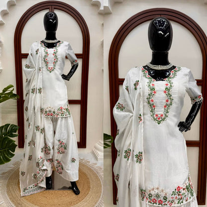 White Embroidered Short Kurti with Palazzo Set & Dupatta