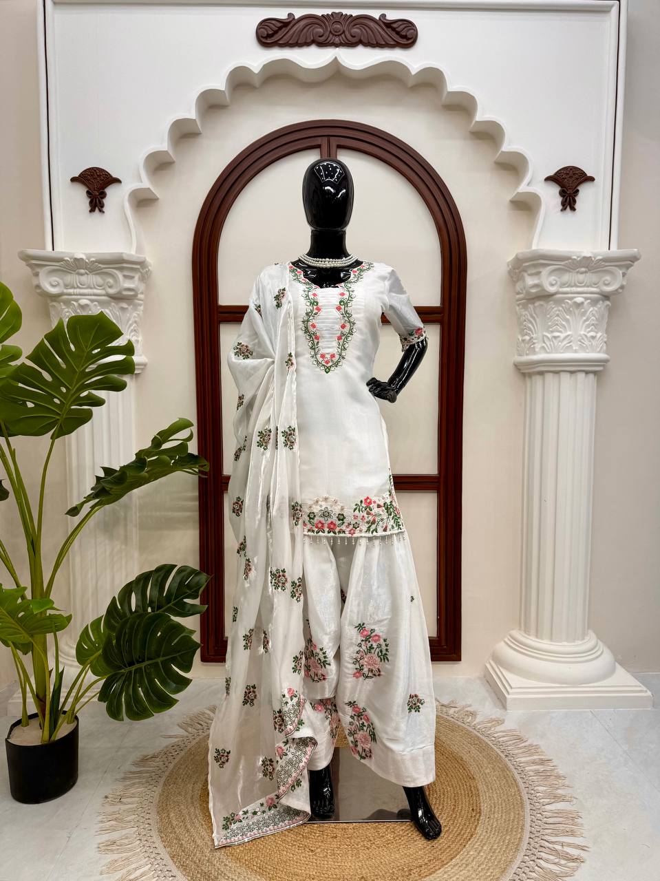 White Embroidered Short Kurti with Palazzo Set & Dupatta