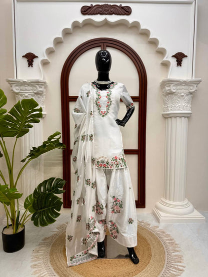 White Embroidered Short Kurti with Palazzo Set & Dupatta