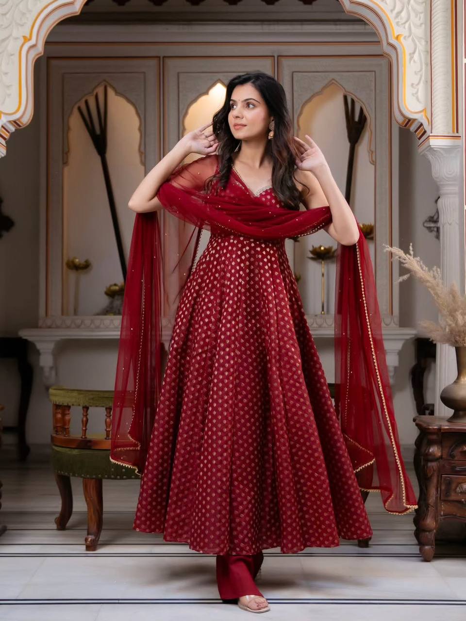 Maroon Chanderi Jacquard Anarkali Salwar Kameez Suit