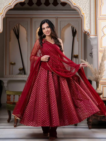 Maroon Chanderi Jacquard Anarkali Salwar Kameez Suit