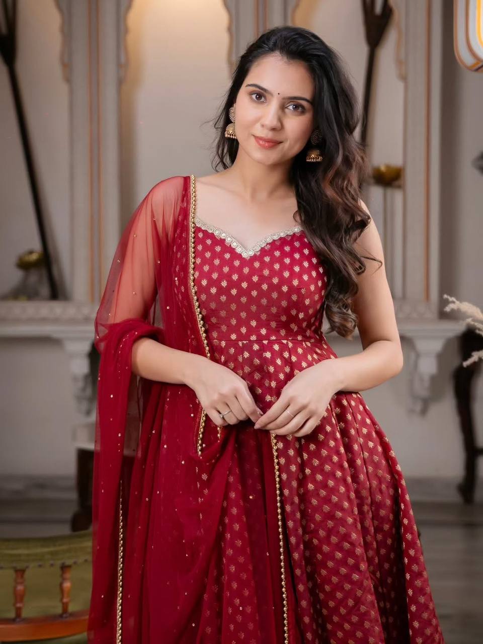 Maroon Chanderi Jacquard Anarkali Salwar Kameez Suit