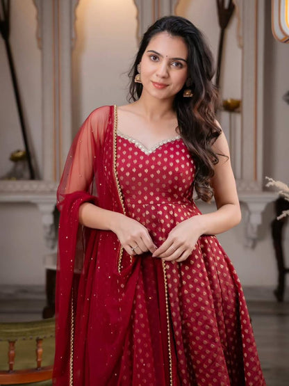 Maroon Chanderi Jacquard Anarkali Salwar Kameez Suit