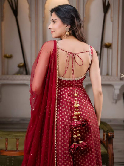 Maroon Chanderi Jacquard Anarkali Salwar Kameez Suit